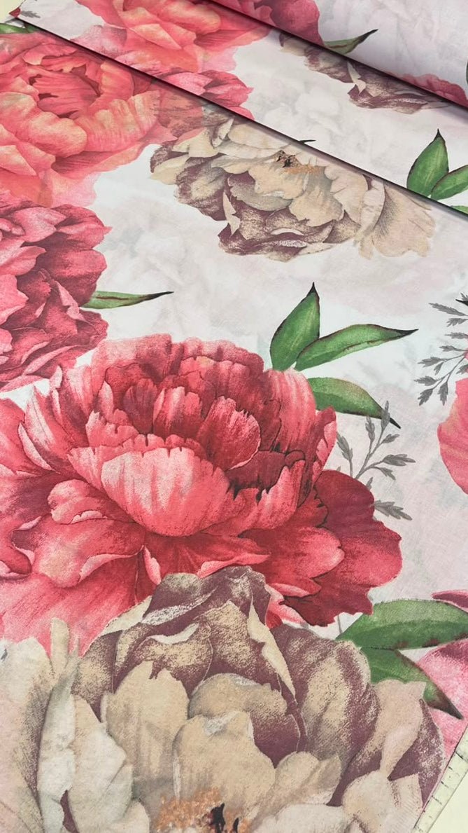 100% cotton fabric with peonies, available online at Charlotte Fabrics