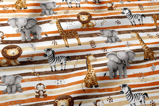Attēls ar 100% Kokvilnas audums - safari zvēri un oranžas līnijas 125 g/m – pieejams Šarlotes audumi
