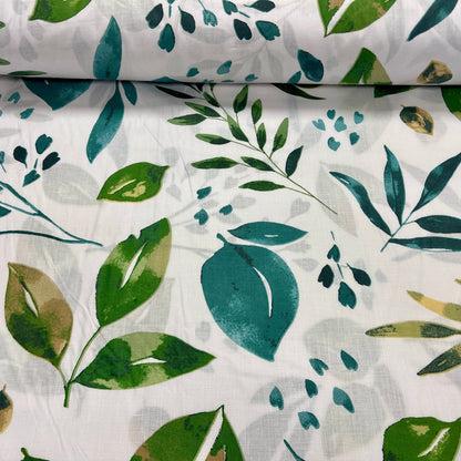 Tissu 100 % coton - feuilles vertes sur fond blanc 125 g/m
