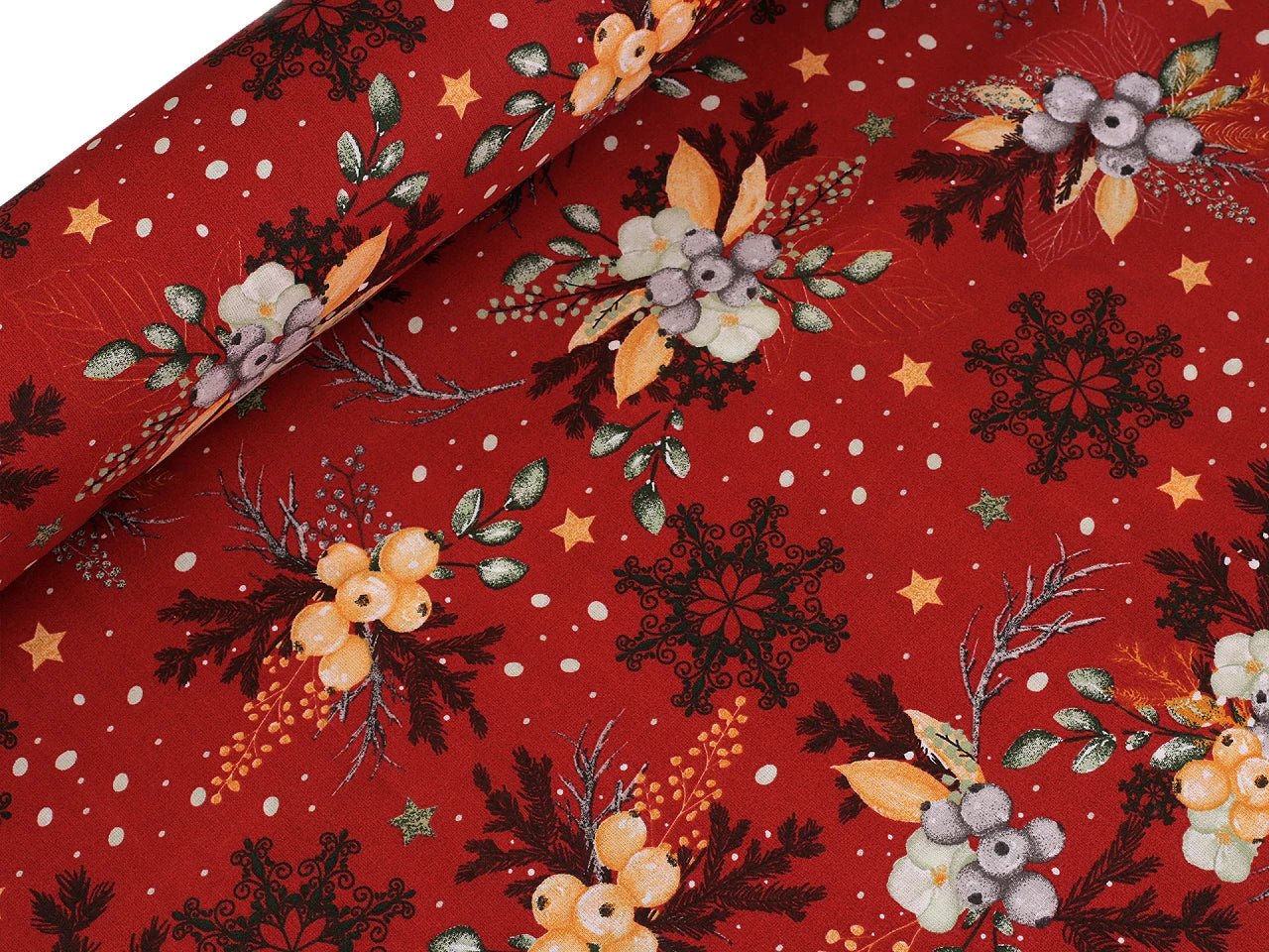 Attēls ar 100% Kokvilnas audums - Ziemassvētku raksts uz sarkana 125 g/m – pieejams Šarlotes audumi