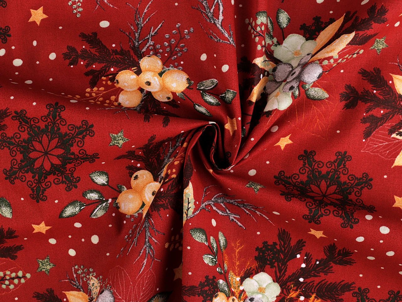 Attēls ar 100% Kokvilnas audums - Ziemassvētku raksts uz sarkana 125 g/m – pieejams Šarlotes audumi