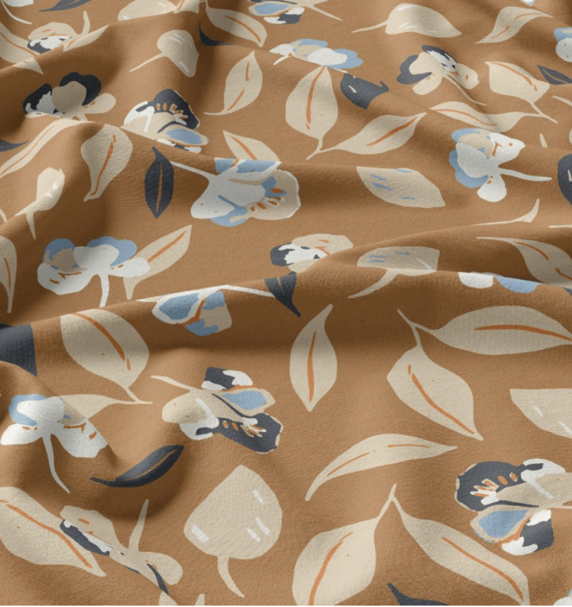 Attēls ar 100% Viskozes audums - brūns lapu motīvs 120 g/m² – pieejams Šarlotes audumi