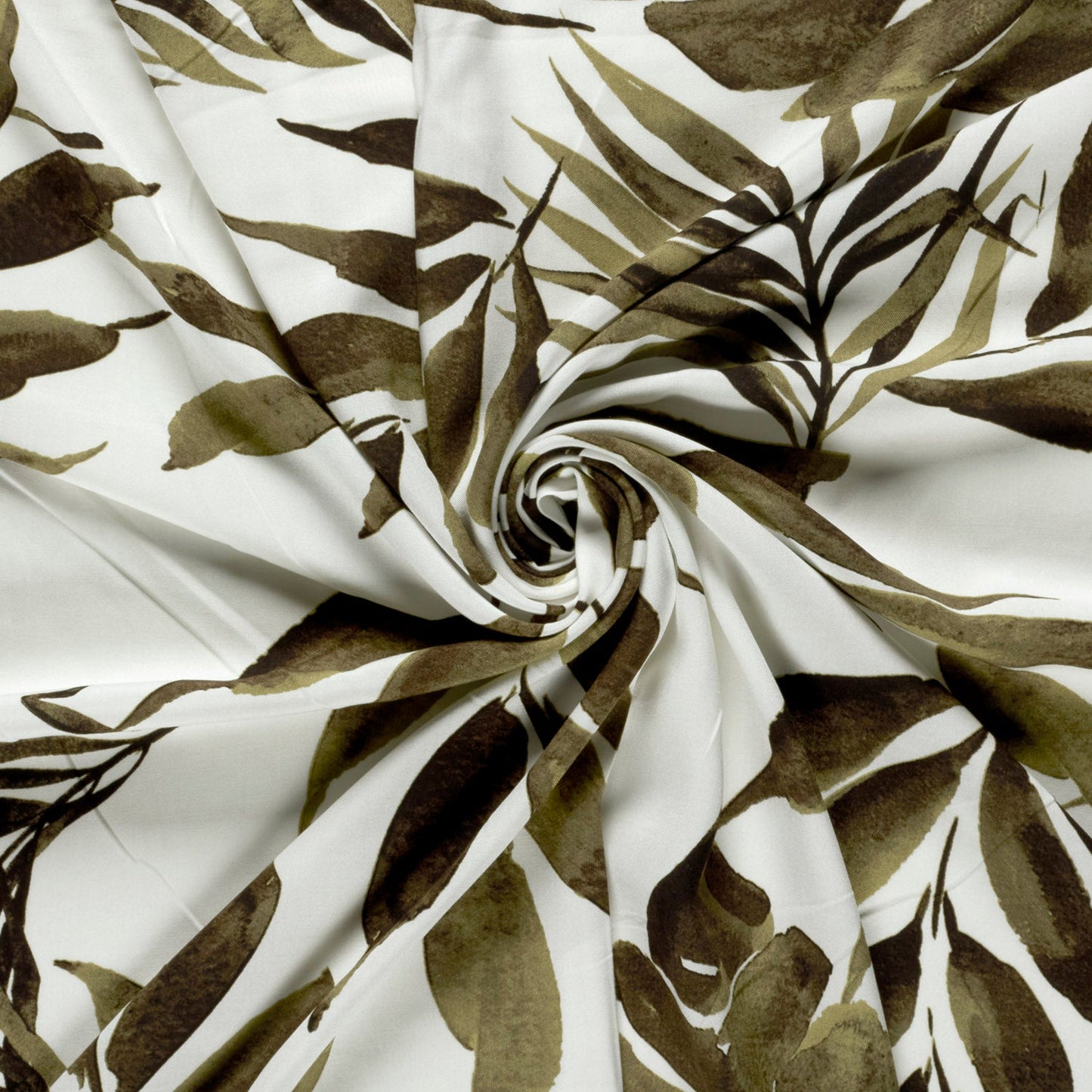 Attēls ar 100% Viskozes audums - zaļas lapas uz balta fona 125 g/m² – pieejams Šarlotes audumi