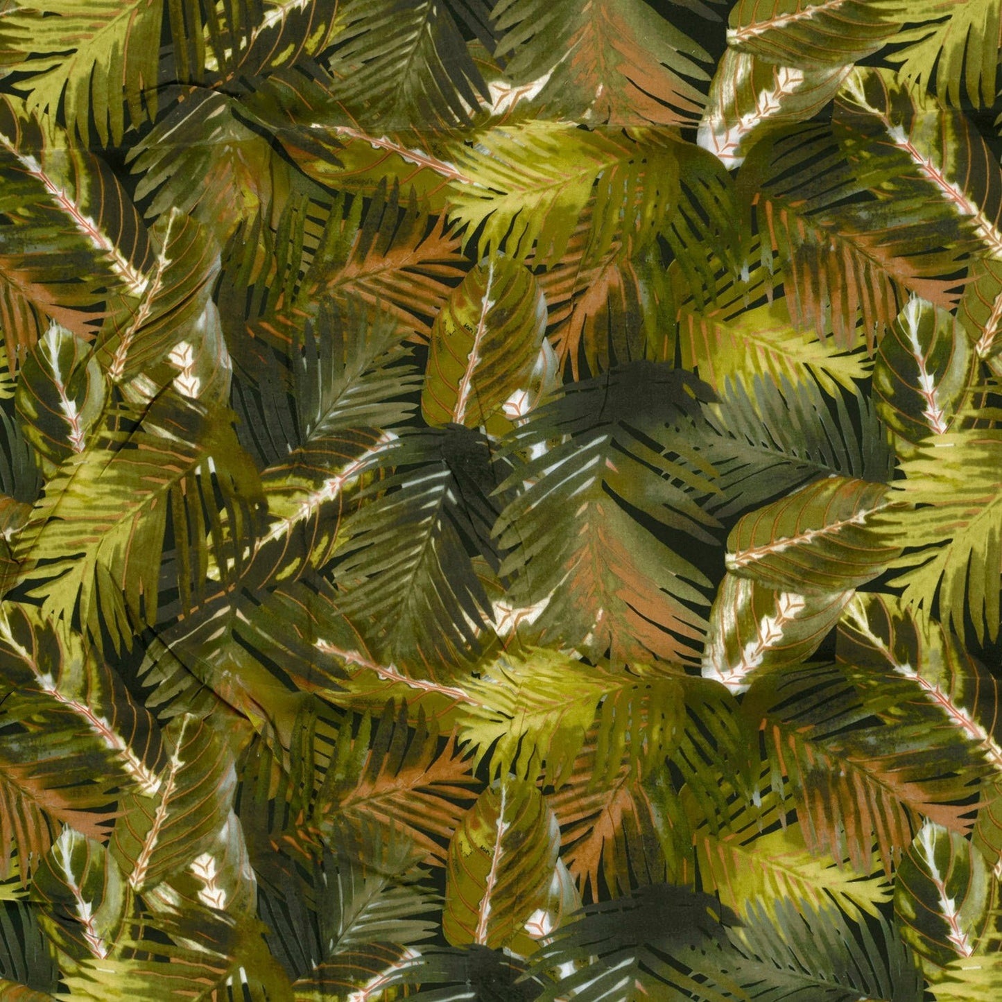 Attēls ar 100% Viskozes audums - zaļas tropu lapas 125 g/m² – pieejams Šarlotes audumi