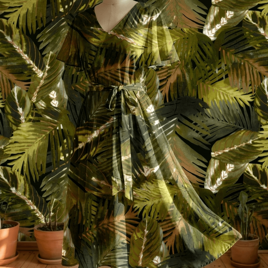 Attēls ar 100% Viskozes audums - zaļas tropu lapas 125 g/m² – pieejams Šarlotes audumi