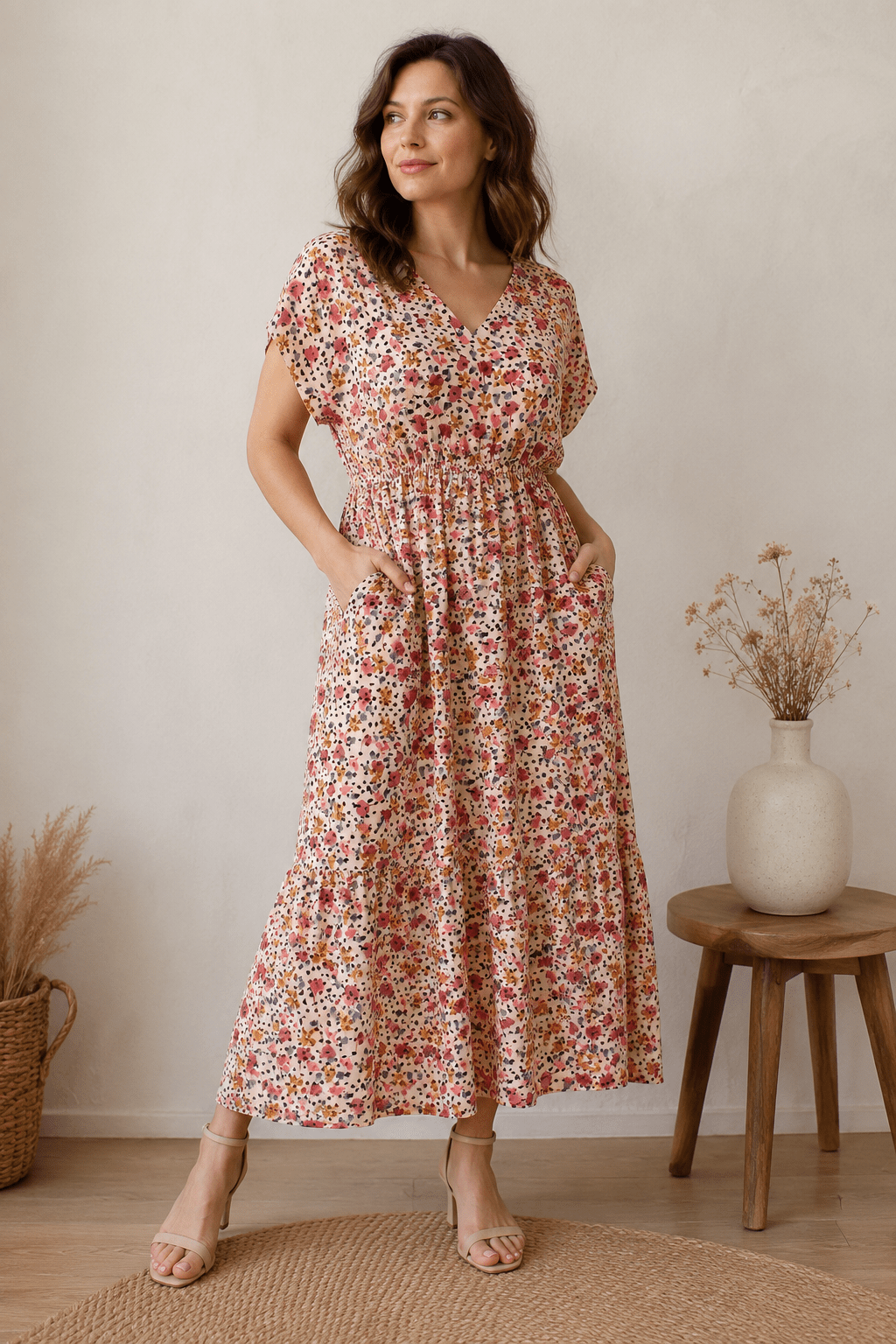 Image of 100% viscose fabric with flowers and polka dots – available online at Šarlotes audumi