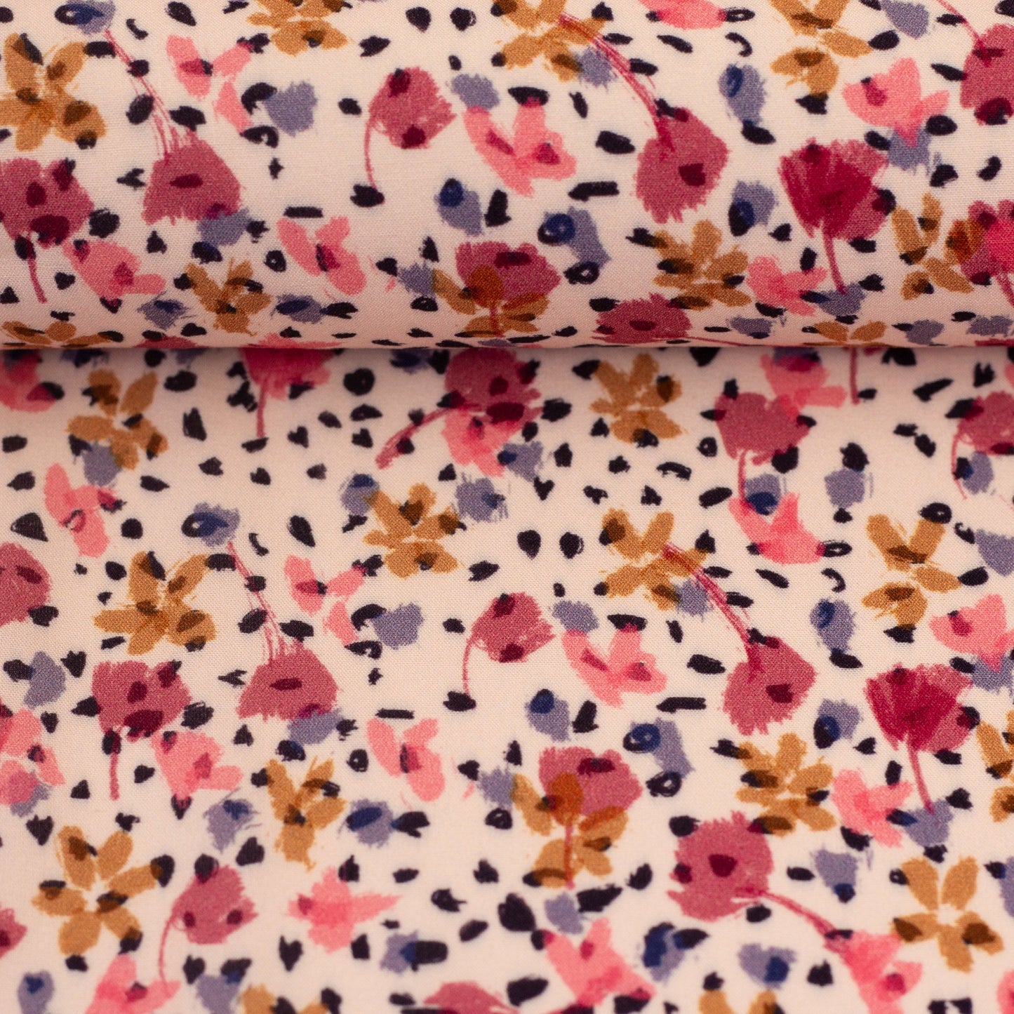 Image of 100% viscose fabric with flowers and polka dots – available online at Šarlotes audumi