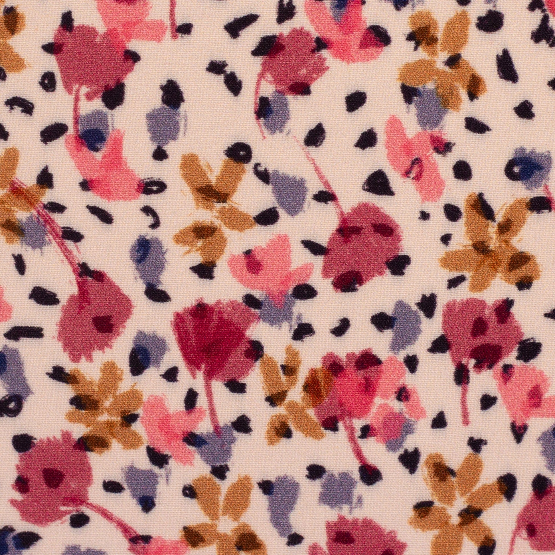 100% viscose fabric with flowers and polka dots – available online at Šarlotes audumi
