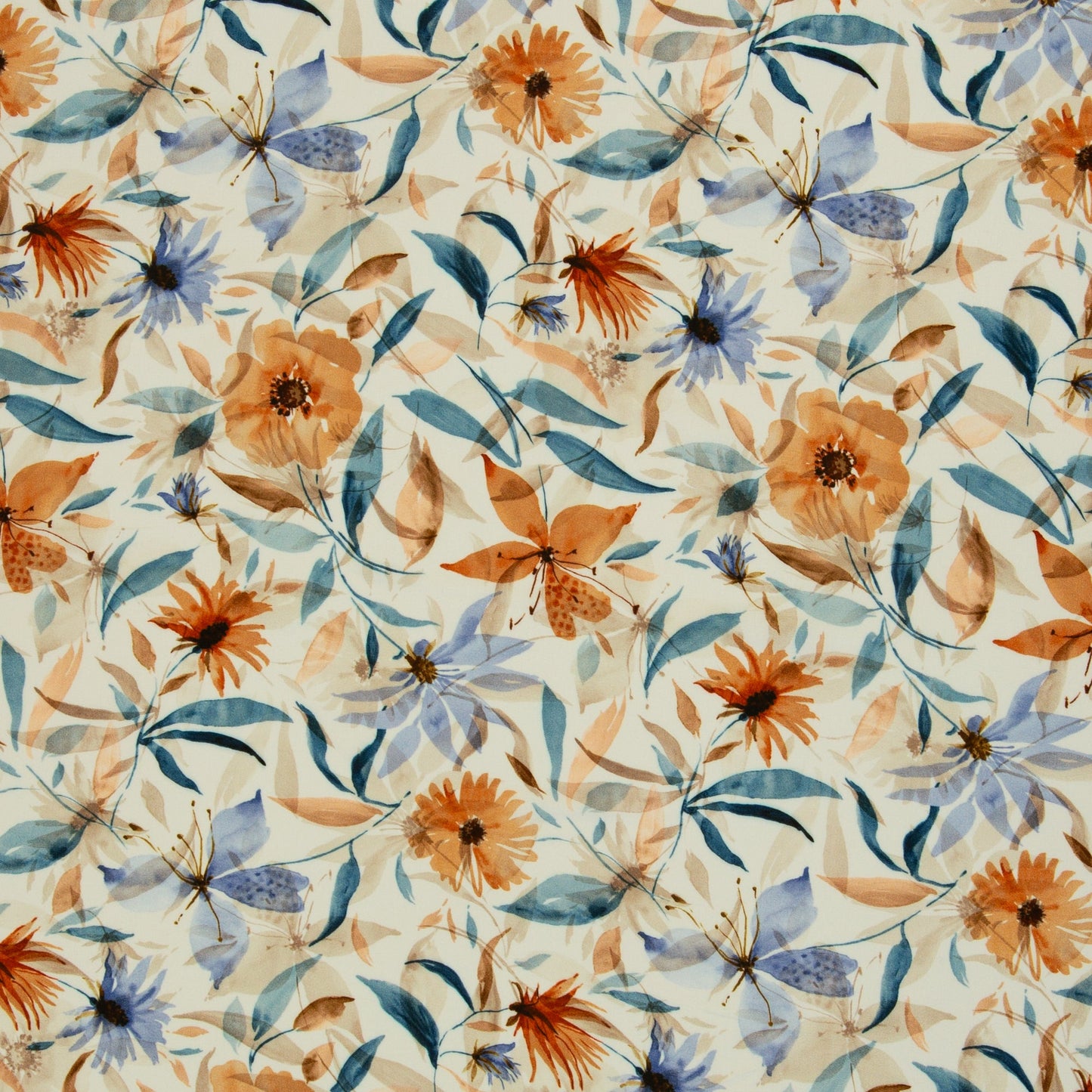 Image of 100% viscose fabric with blue and orange floral motif – available online at Charlotte's Fabrics