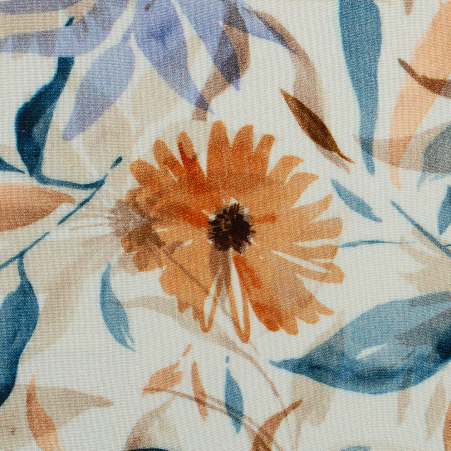 Image of 100% viscose fabric with blue and orange floral motif – available online at Charlotte's Fabrics