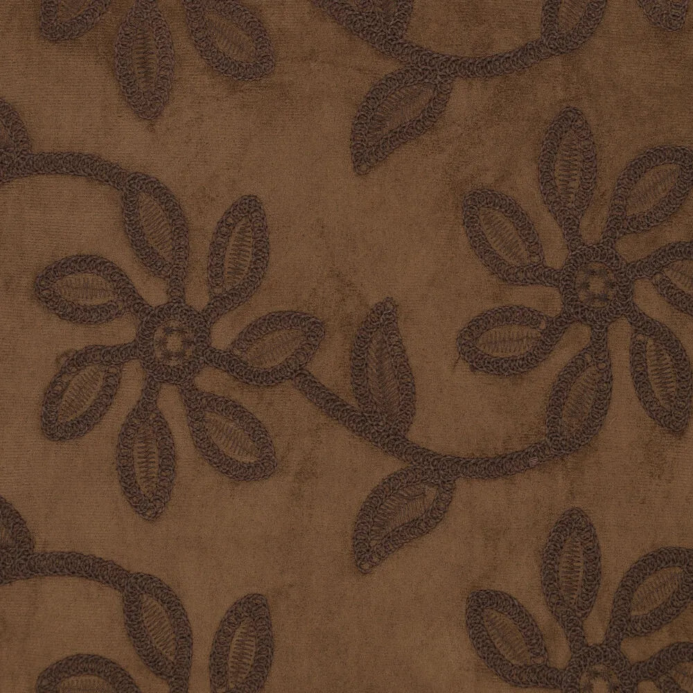 Suede fabric with embroidered floral pattern - brown 310 g/m²