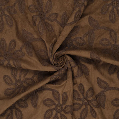 Suede fabric with embroidered floral pattern - brown 310 g/m²