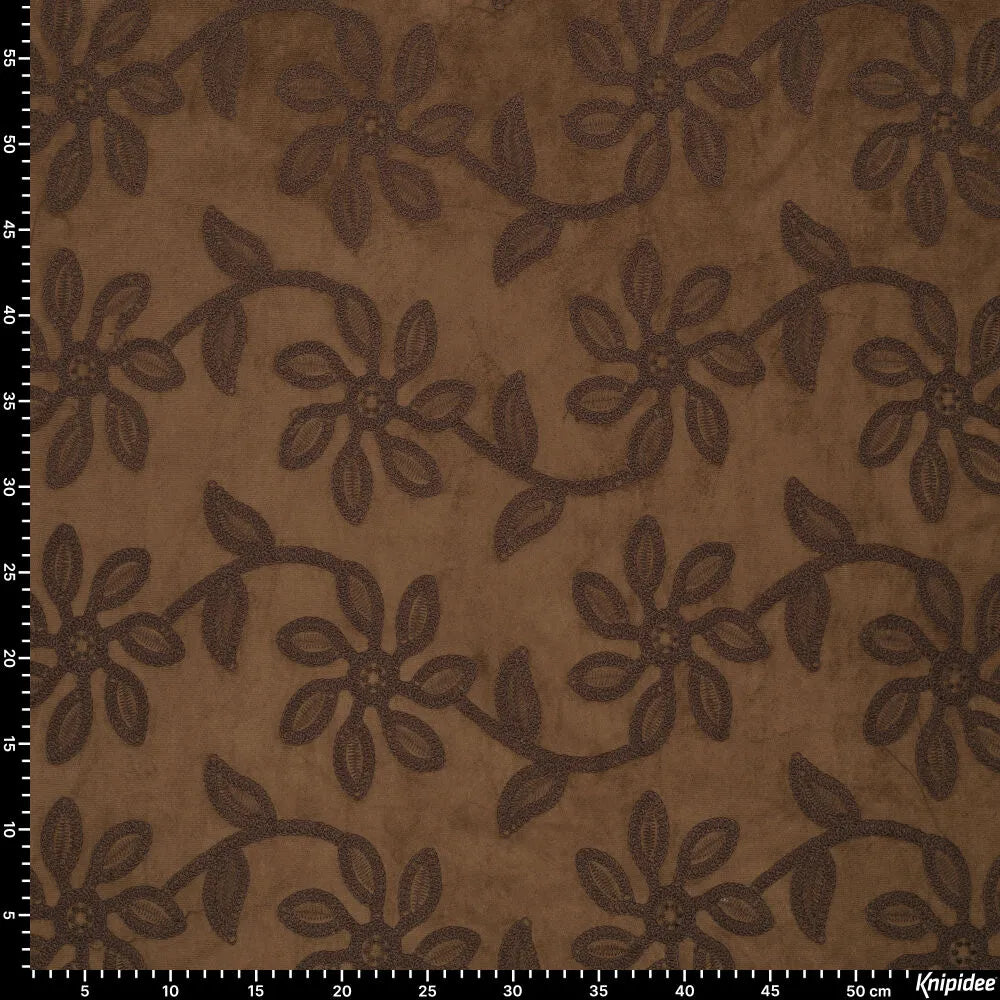 Suede fabric with embroidered floral pattern - brown 310 g/m²