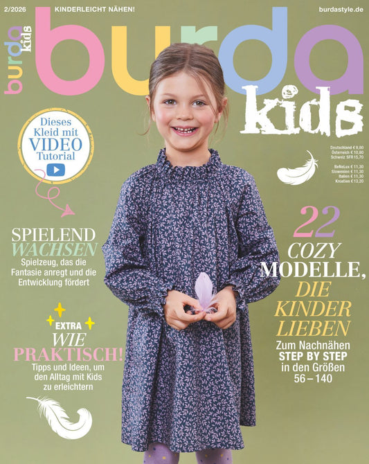 Burda Kids 02/2026 – vaikų drabužių siuvimo žurnalas su iškarpomis, vokiečių kalba