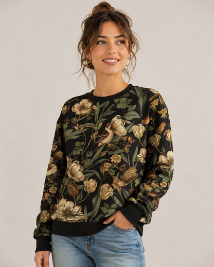 Warm jersey knit, Alpenfleece fabric with romantic flowers and birds