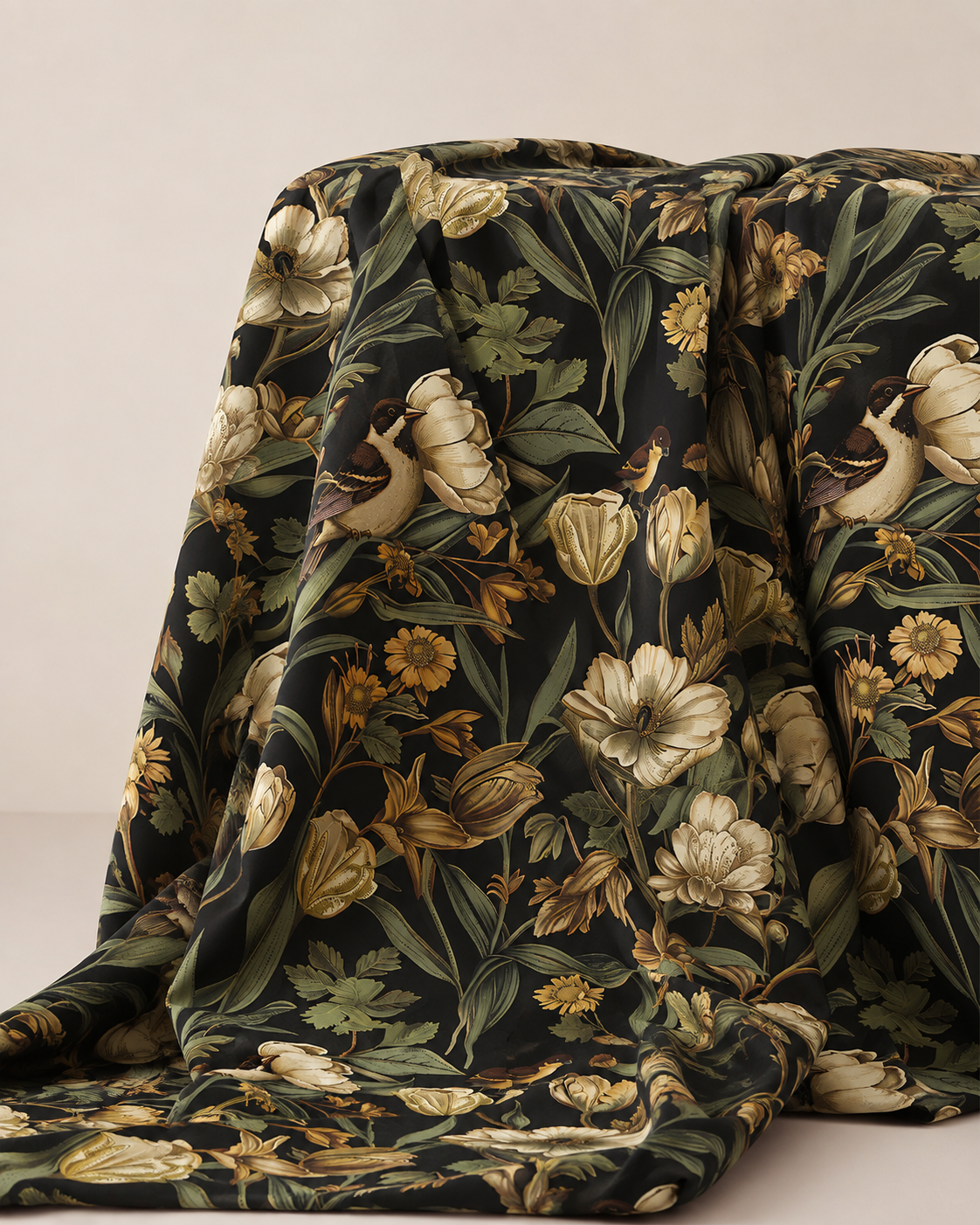 Warm jersey knit, Alpenfleece fabric with romantic flowers and birds