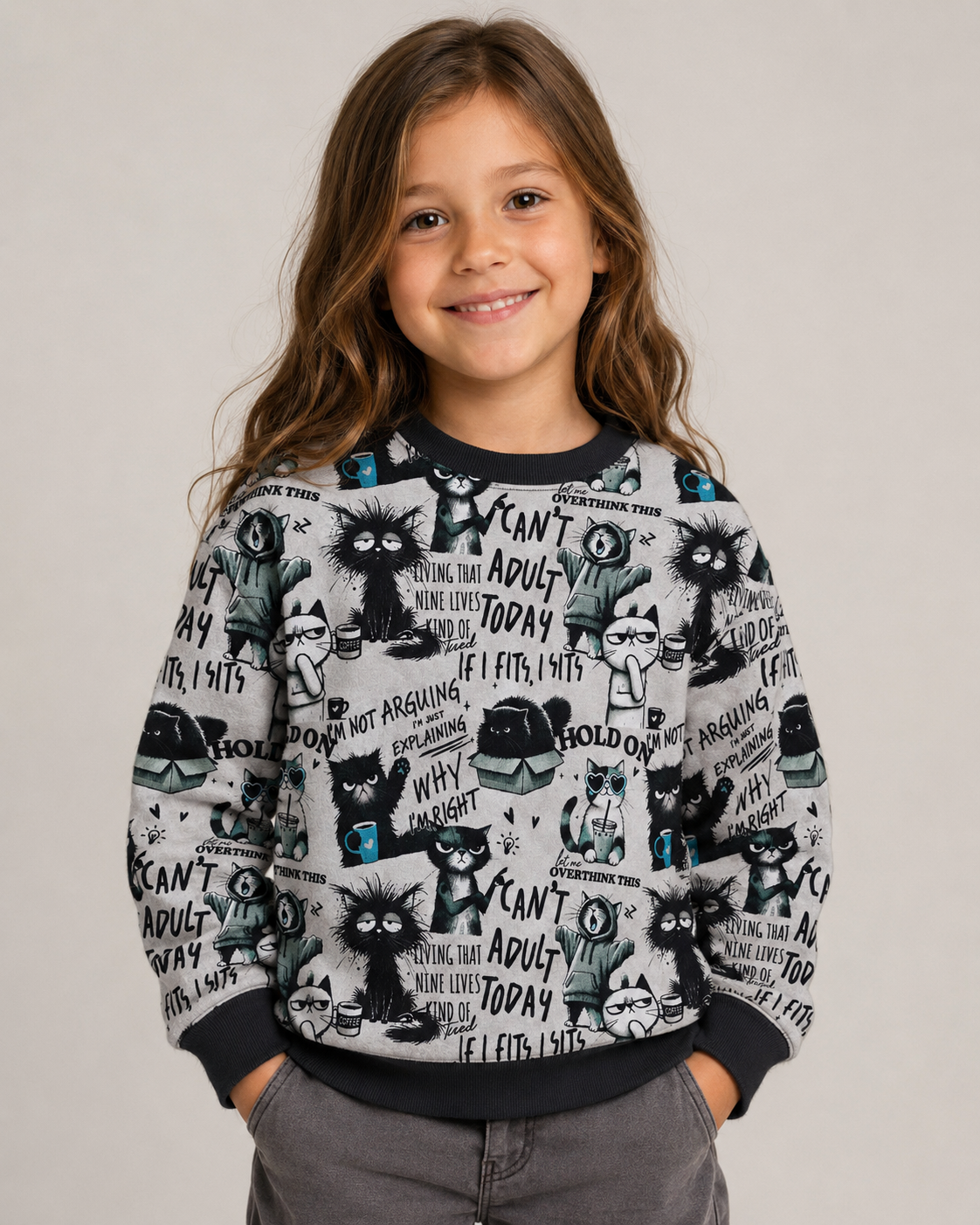 Warm knitted fabric, Alpenfleece fabric with cats