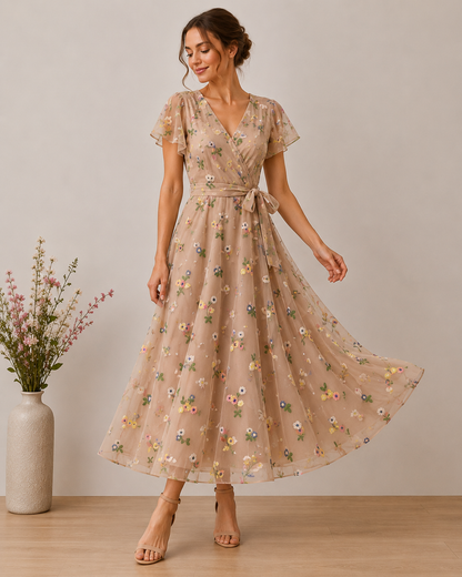 Embroidered tulle fabric with flowers - peach tone 70 g/m²