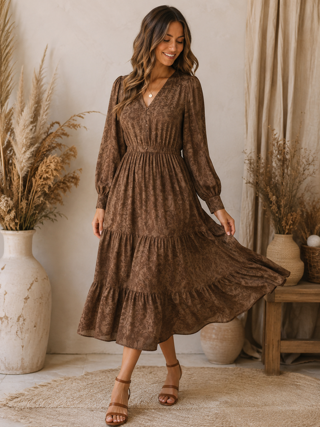 Brown Viscose Fabric with Elegant Pattern