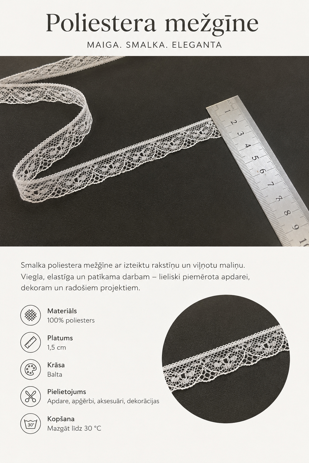 Mežģīne smalka 1,6 cm-balta