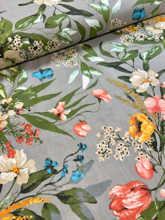 100% cotton fabric - flowers on grey 125 g/m²