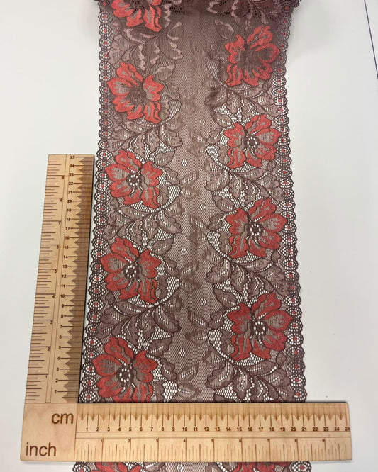 Elastīga mežģīne 22 cm-brūna ar oranžiem ziediem