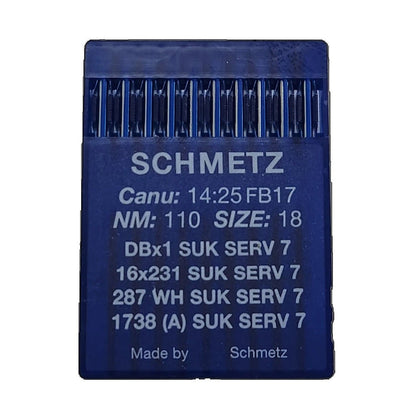 Image avec aiguilles pour machines à coudre industrielles SCHMETZ DBx1 SUK SERV 7 – pour maille et denim (10 pièces) – disponible chez Šarlotes audumi