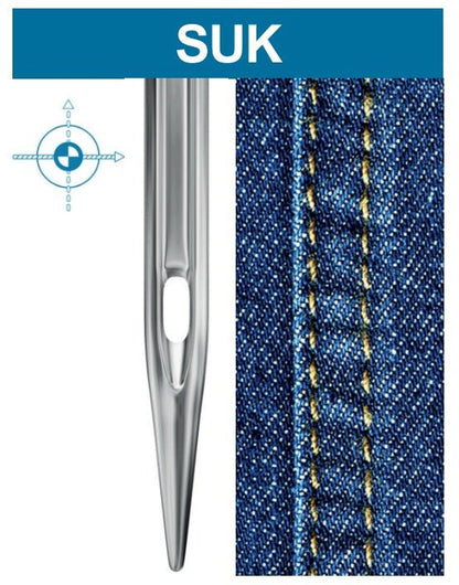 Image des aiguilles pour machines à coudre industrielles SCHMETZ DBx1 SUK SERV 7 – pour maille et denim (10 pcs) – disponible chez Šarlotes audumi