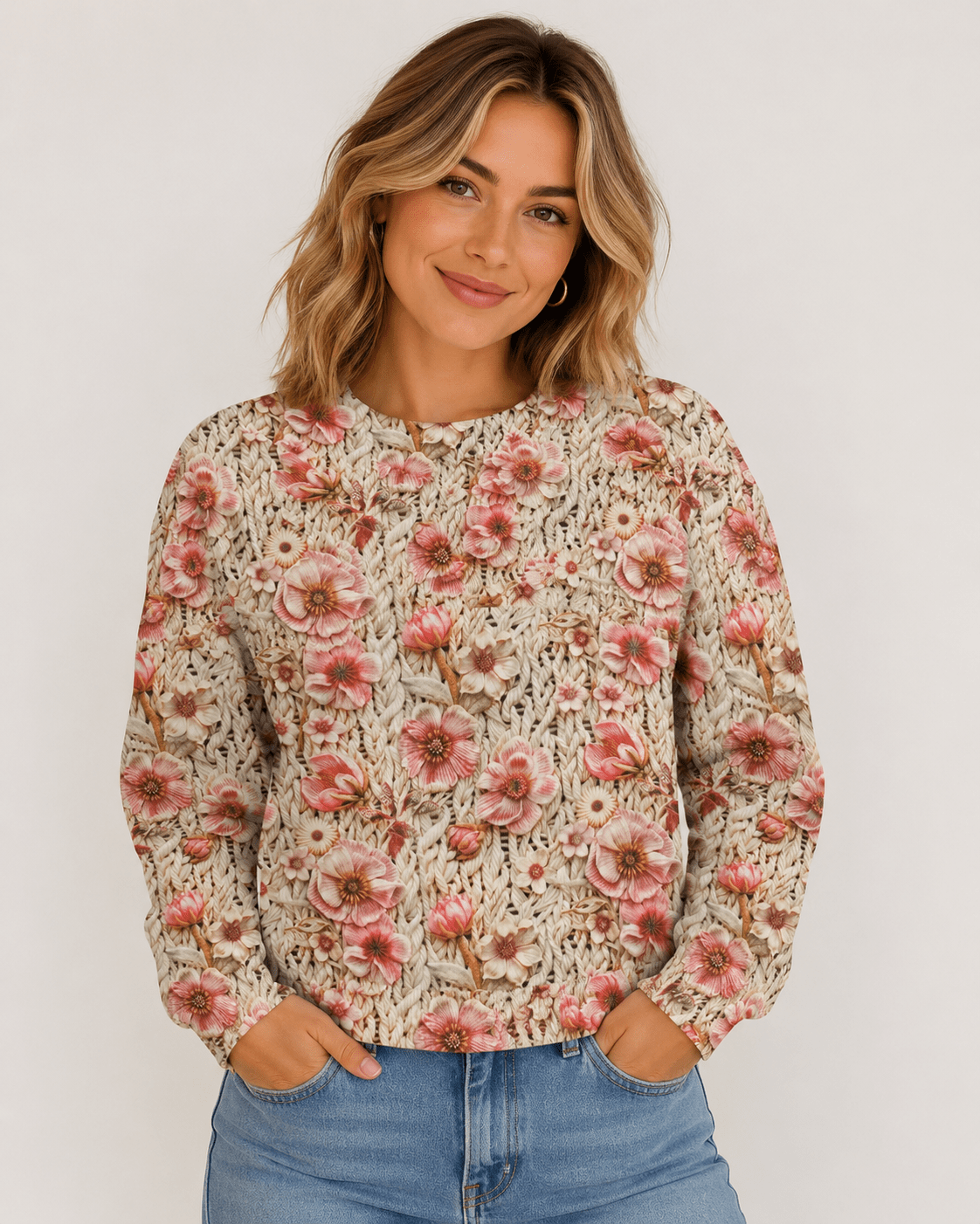 Image of Alpenfleece fabric with flowers – warm knitwear – available online at Charlotte's Fabrics