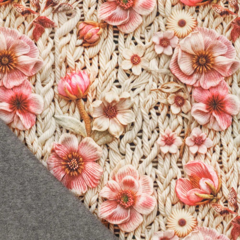 Image of Alpenfleece fabric with flowers – warm knit – available online at Charlotte's Fabrics