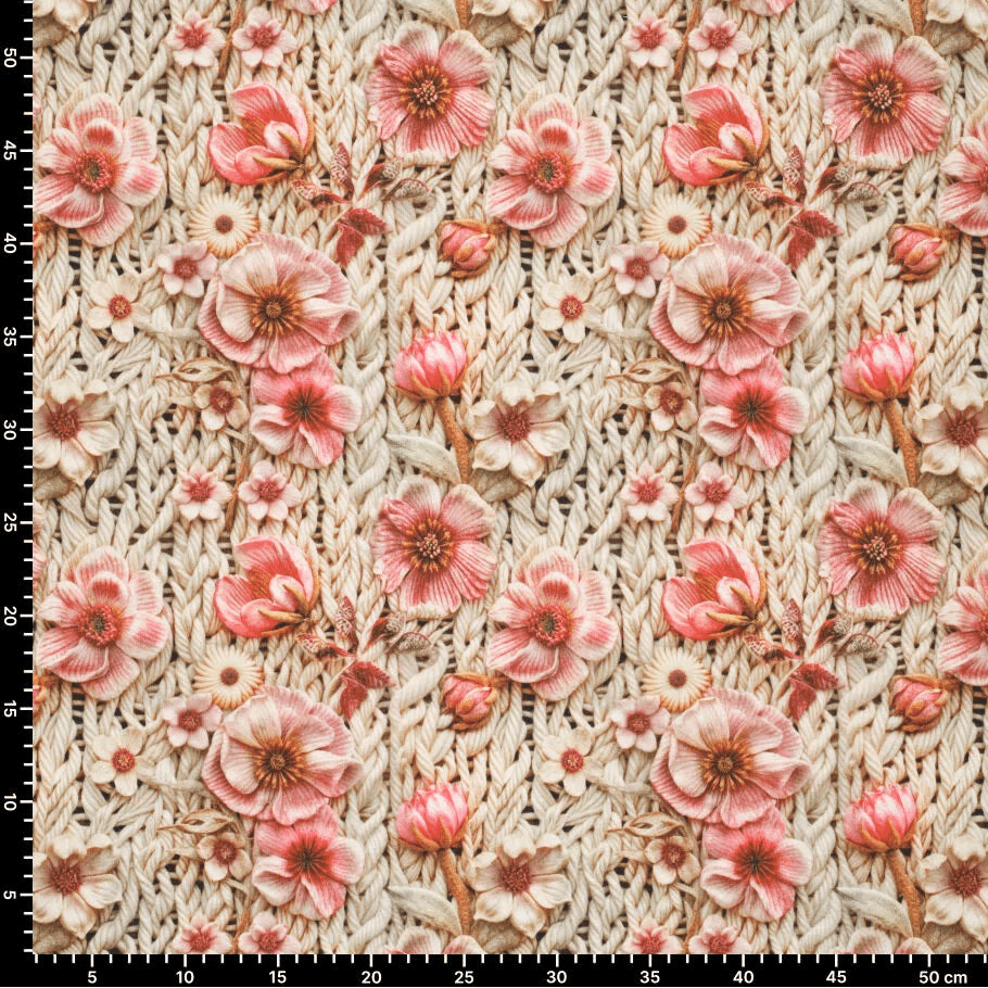 Image of Alpenfleece fabric with flowers – warm knit fabric – available online at Šarlotes audumi