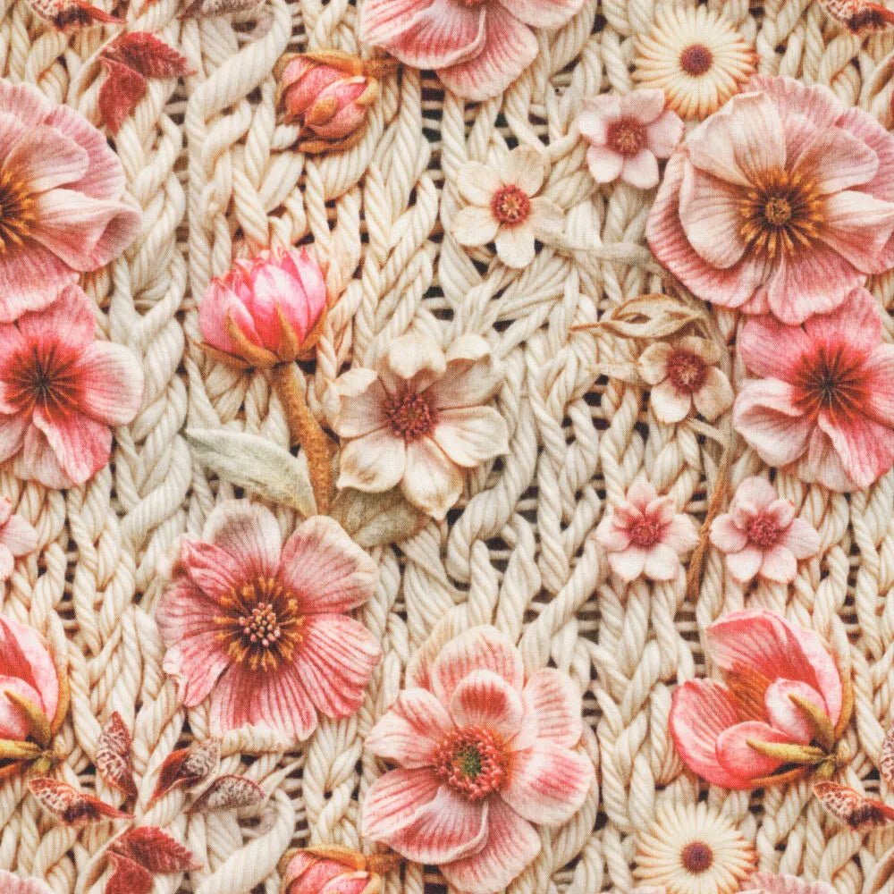 Image of Alpenfleece fabric with flowers – warm knit fabric – available online at Šarlotes audumi