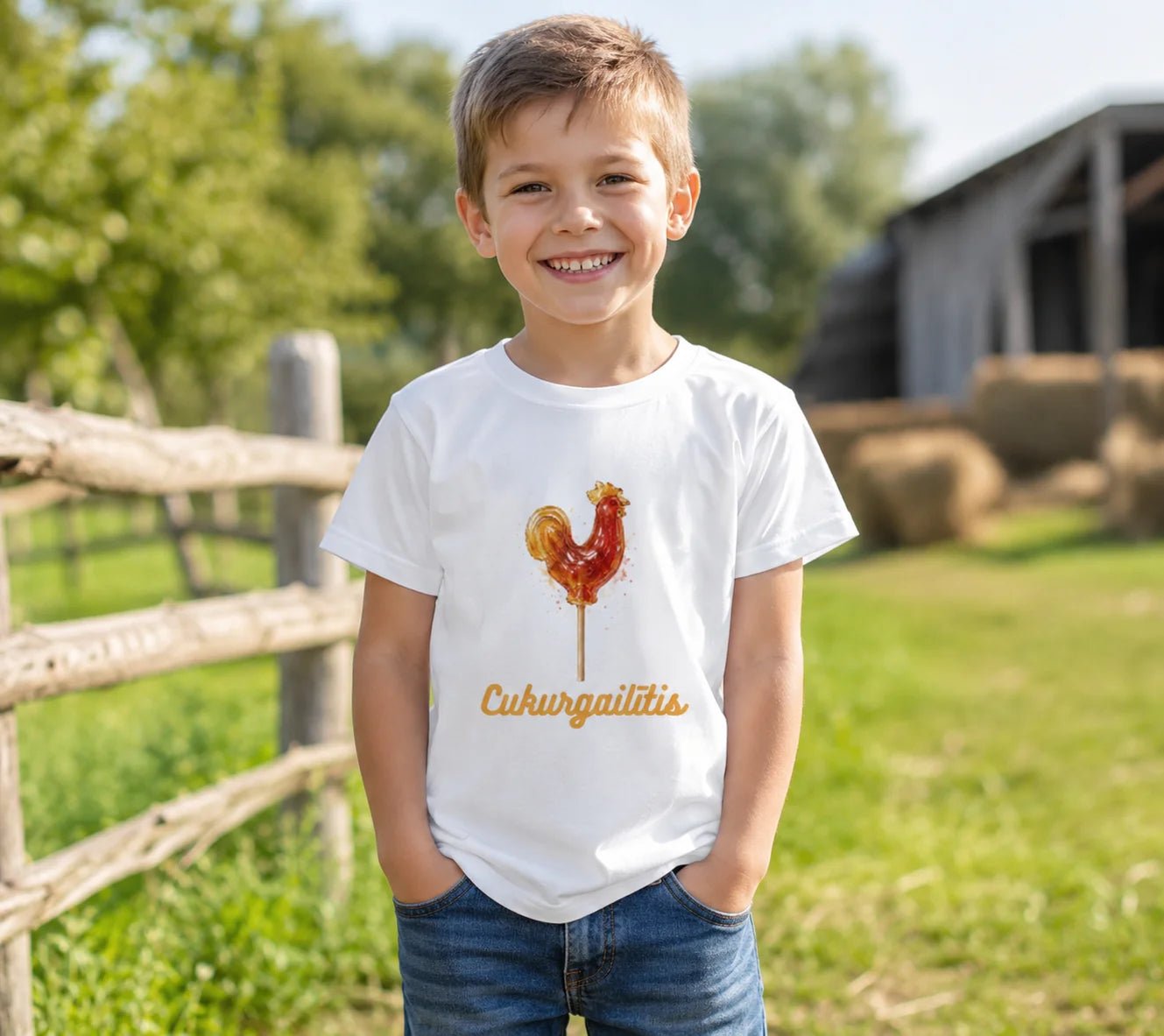 Image of a children's cotton T-shirt "Cukurgailītis" – available at Šarlotes audumi