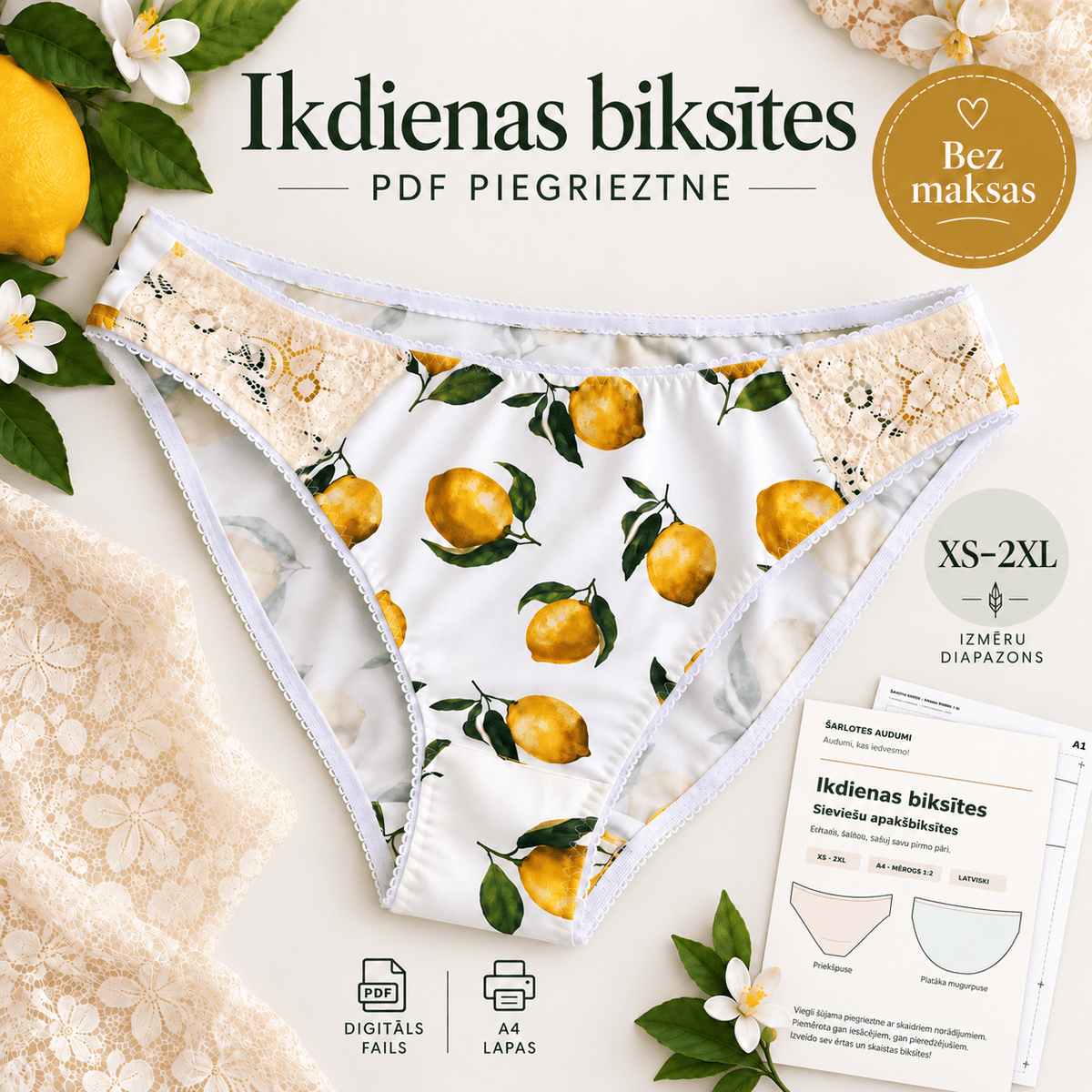 Paveikslėlis su NEMOKAMU moteriškų kelnaičių lekalu PDF | XS–2XL – prieinama internete Šarlotes audumi