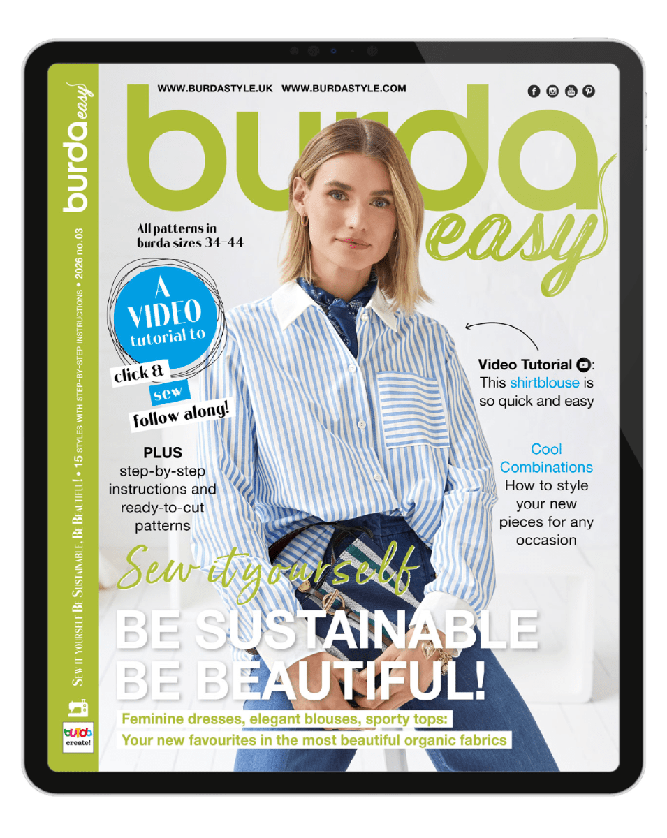 Paveikslėlis su Burda Easy 03/2026 skaitmeniniu žurnalu – prieinamas internete Šarlotės audiniai