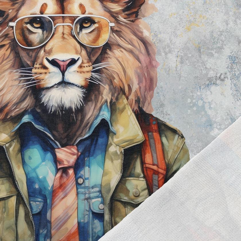 Image avec panneau en jersey bouclé - lion royal avec lunettes stylées 250 g/m² | Design - 01 – disponible chez Šarlotes audumi