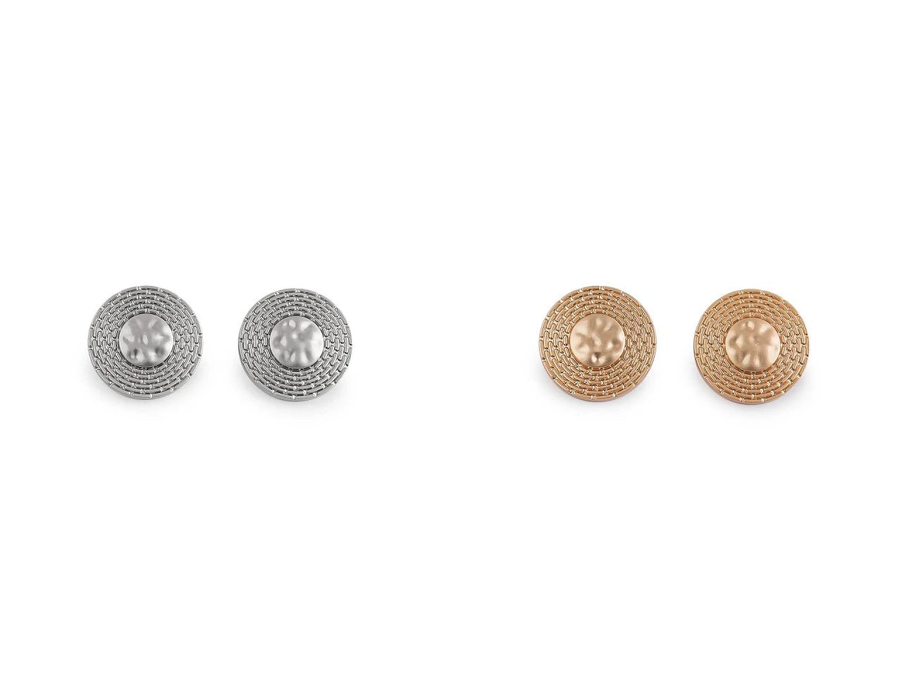 Attēls ar Dekoratīva metāla poga ar reljefu rakstu – 19 mm un 24 mm, zelta vai sudraba krāsā – pieejams internetā Šarlotes audumi