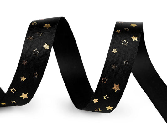 Image of decorative satin ribbon with gold stars (5 m roll) – available online at Šarlotes audumi