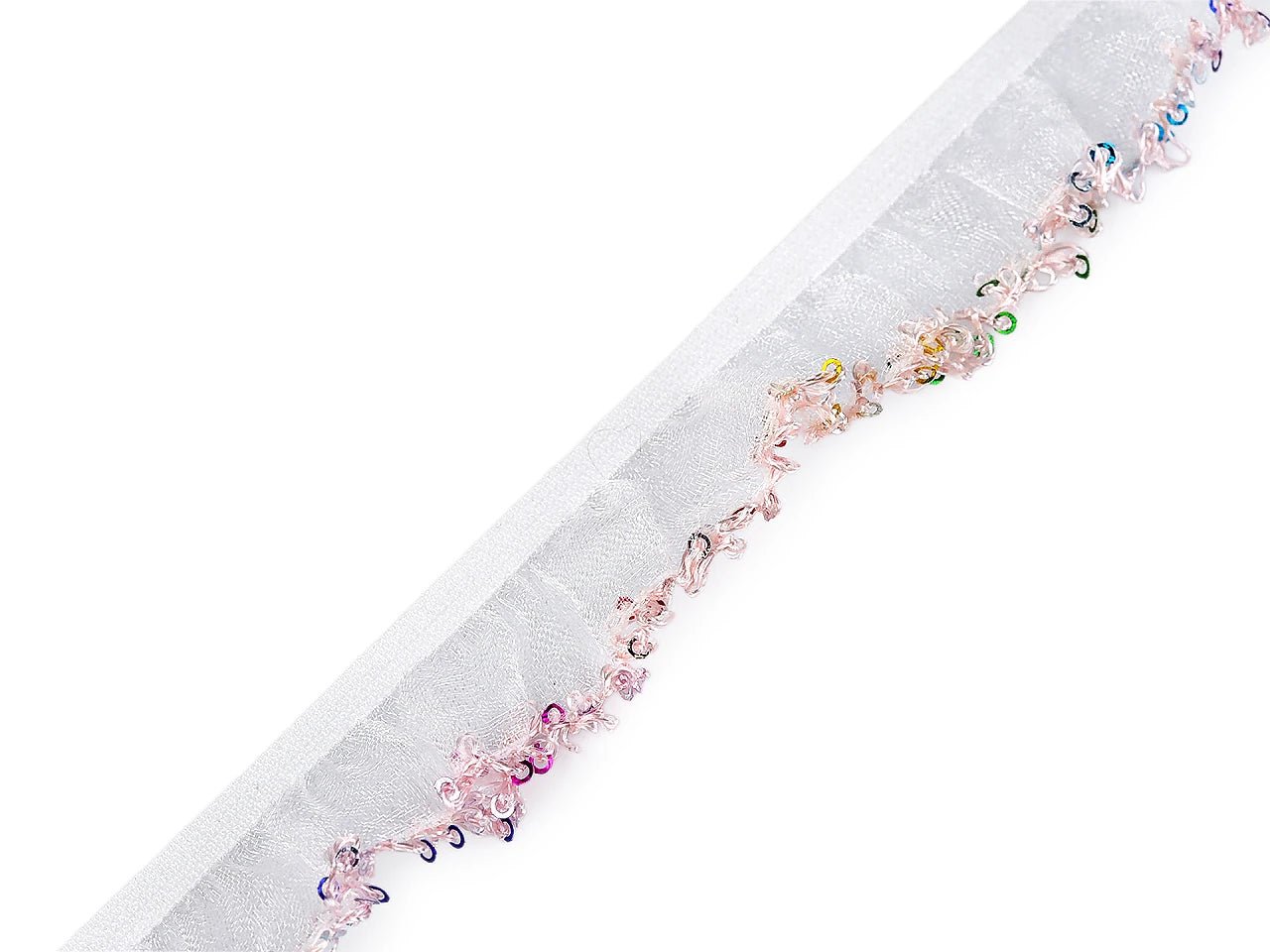 Image of decorative ruffled elastic lace with sequins 20 mm – available online at Šarlotes audumi