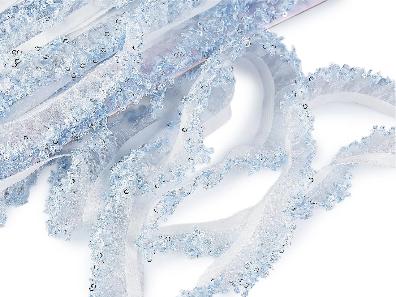 Image of decorative ruffled elastic lace with sequins 20 mm – available online at Šarlotes audumi