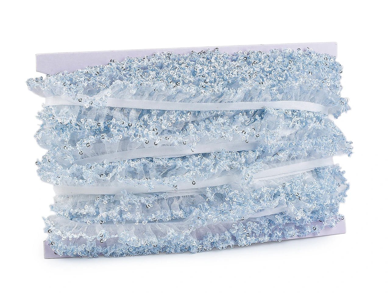 Image of decorative ruffled elastic lace with sequins 20 mm – available online at Šarlotes audumi