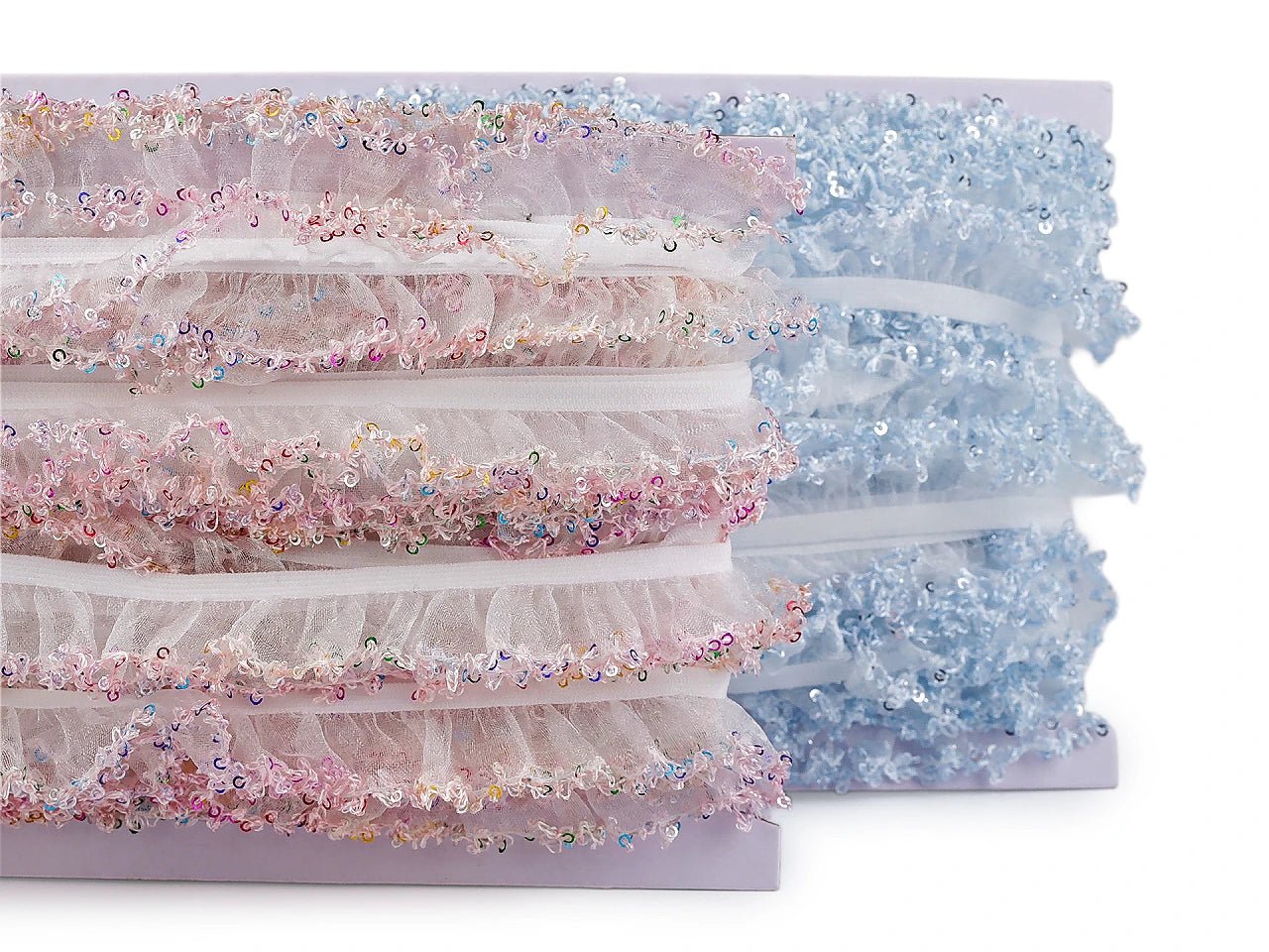 Image of decorative ruffled elastic lace with sequins 20 mm – available online at Šarlotes audumi