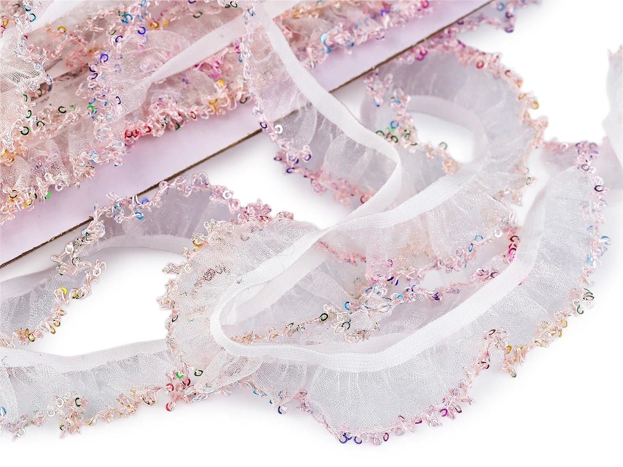 Image of decorative ruffled elastic lace with sequins 20 mm – available online at Šarlotes audumi