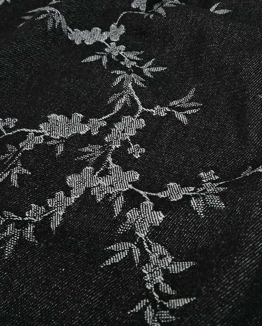 Black floral jacquard denim fabric