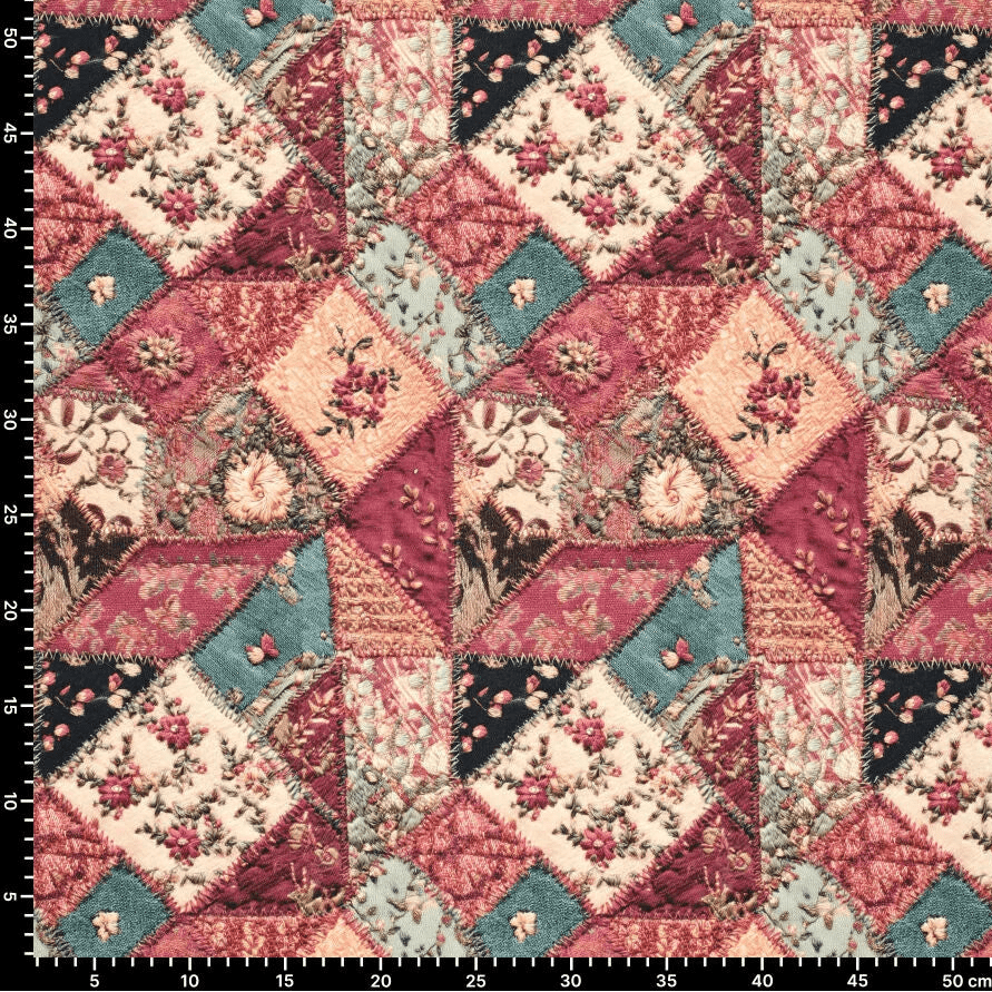 Attēls ar Džinsa rožu patchwork kokvilnas tvills 295 g/m² – pieejams Šarlotes audumi