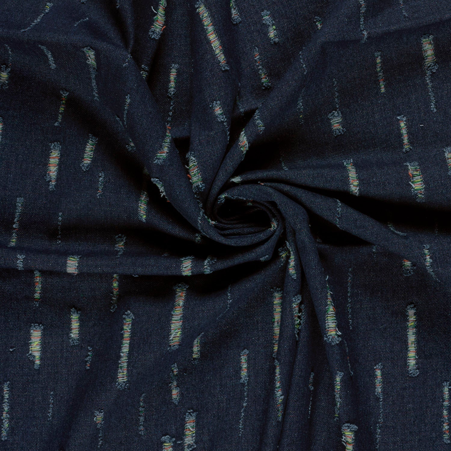 Attēls ar Džinsu audums ar elastānu - dekoratīvi plēsumi 320 g/m² – pieejams Šarlotes audumi