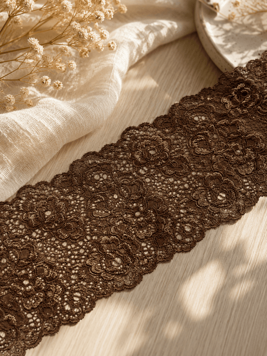 Image of elastic lace 14 cm - chocolate – available at Šarlotes audumi