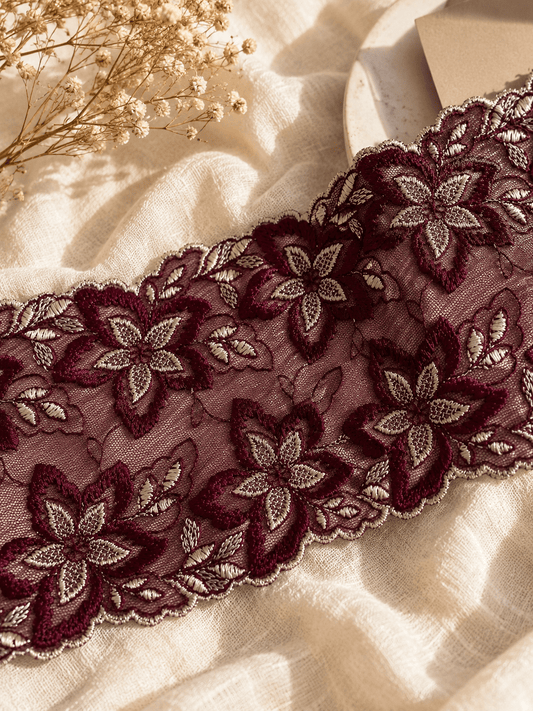 Image with elastic lace 14 cm - dark red with light accents – available at Šarlotes audumi