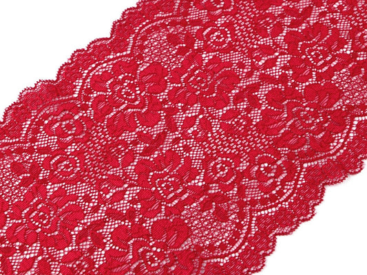 Attēls ar Elastīgā poliestera mežģīne - 18 cm tumši sarkana – pieejams Šarlotes audumi