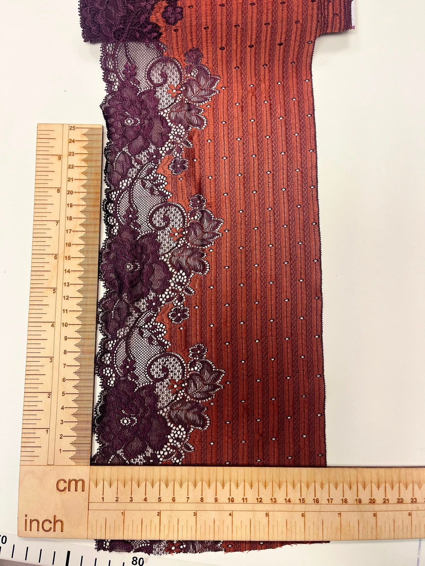 Image of elastic floral lace, 18 cm, orange with lilac – available online at Charlotte's Fabrics